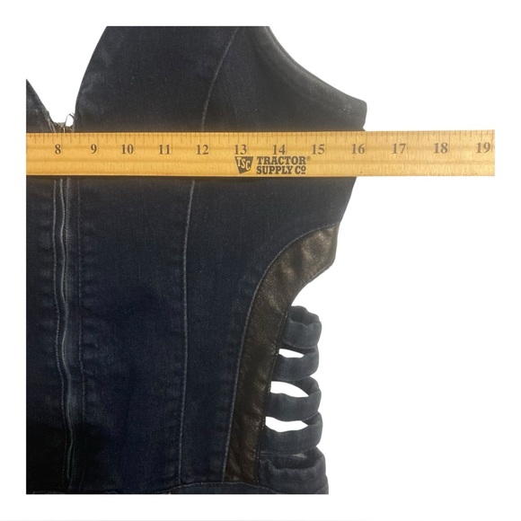 Retro Dark Blue Denim Romper M Chic Faux Leather Trim Side Cutout Full Front Zip - Picture 5 of 15